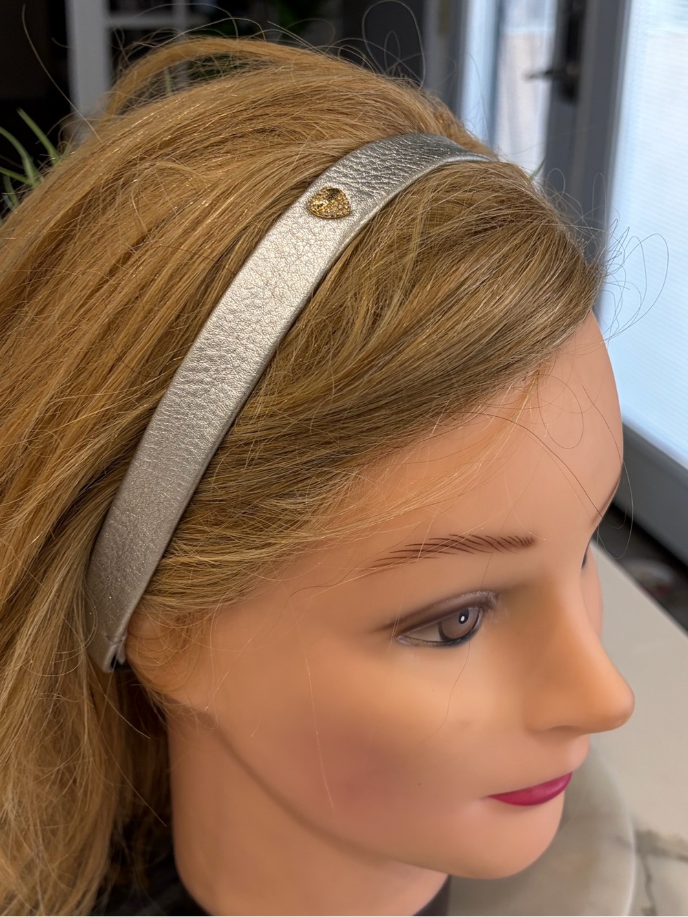 Juicy Couture Metallic Silver Leatherette Headband with Gold Heart Accent